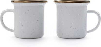 Barebones 5-Ounce Enamel Espresso Cup Set of 2 - Small Coffee Mug and Tea Cup - Stainless Steel Rim Camping Mug for Indoor and Outdoor Use (Eggshell)
