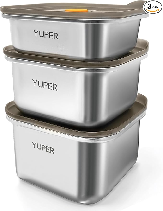 YUPER Stainless Steel Food Containers, Meal Prep Containers, Bacon Cheese Sandwich Container for Refrigerator, Stainless Steel Containers with Airtight Lids, 3 Pack (17+27+33OZ)