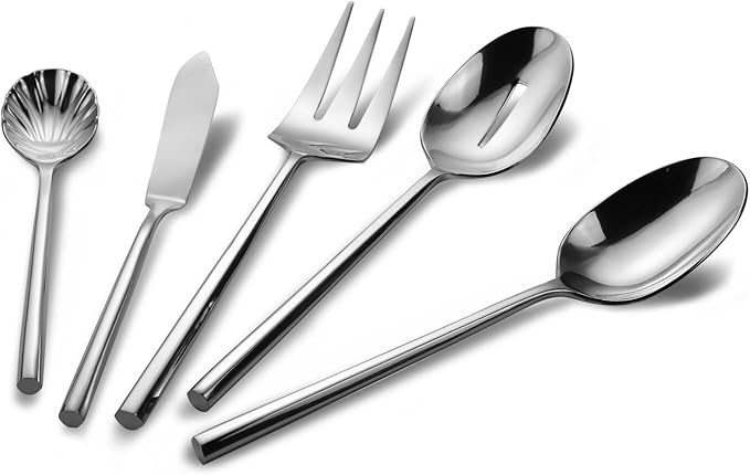 DEACORY 5-Piece Silverware Stainless Steel Mirror Finished Silver Flatware Thick Heavy Hexagon Cutlery Serving Utensils Set