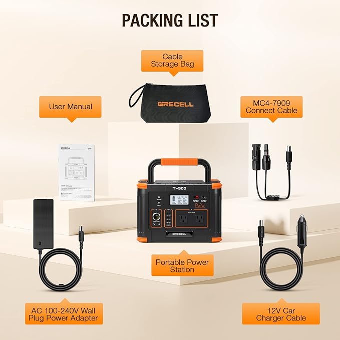 500W Portable Power Station, GRECELL Solar Generator 519Wh (Peak 1000W) Lithium Battery Power Generator with 2*110V AC Outlets, Mobile Battery Backup Pack for RV Trip Camping, Outdoor Adventure, Home