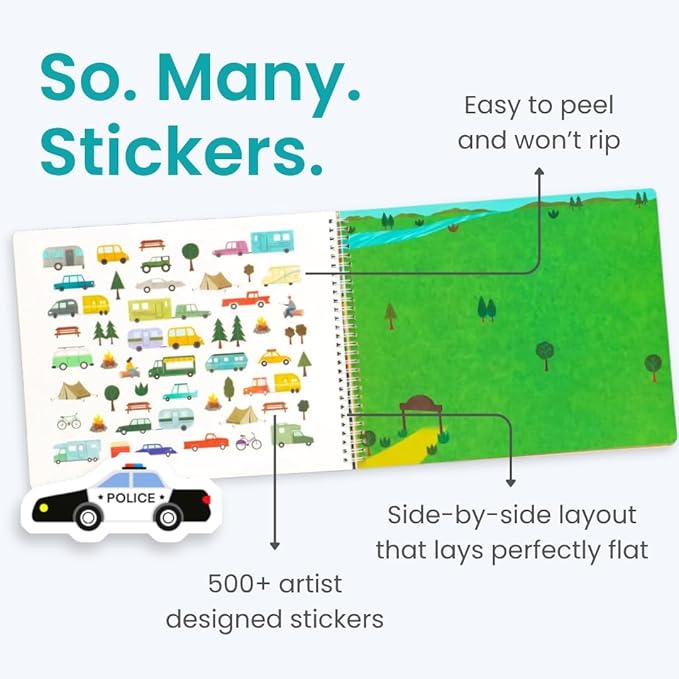 CUPKIN Sticker Book for Kids 2-4, 500+ Kids Stickers, Cars, Trucks, Planes & Trains 12 Coloring Pages 12 Side by Side Scenes, Fun Toddler Travel Activity Coloring and Sticker Books for Ages 4-8 + 8-10