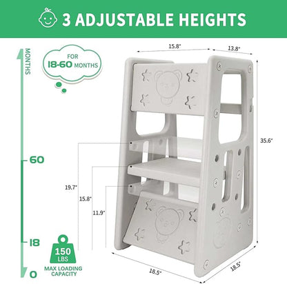Nursery Kitchen Step Stool w/ 3 Adjustable Heights Toddler Standing Tower Kids Learning Stool w/Double Safety Rails & Non-Slip Foot Pads Cooking Stool Stand Helper Bathroom Counter Footstool (Grey)