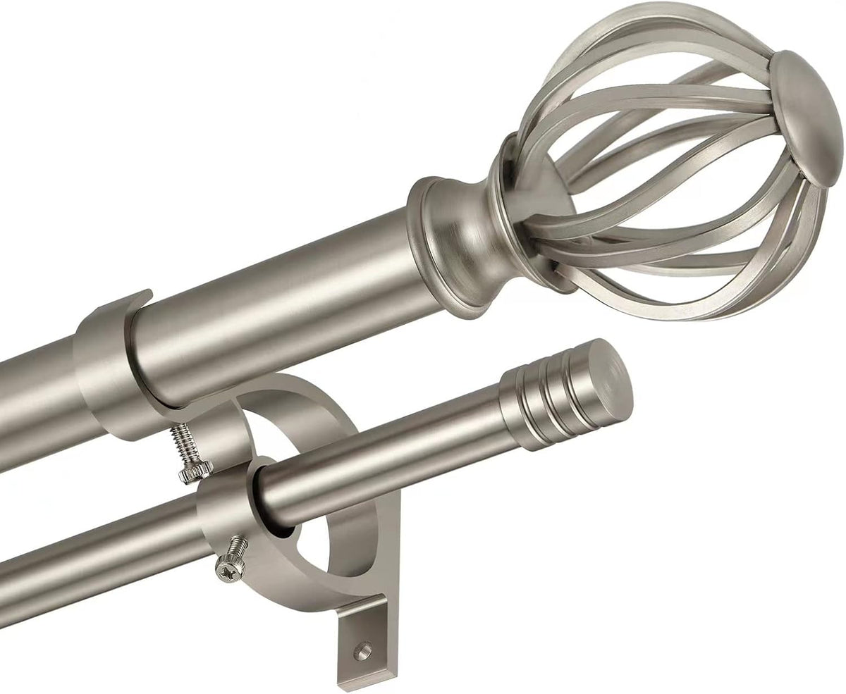 Double Curtain Rods for Window 36-72", Brushed Nickel Double Curtain Rods with Round Cage & Barrel Finials, Adjustable Double Rod Curtain Rod, 1-Inch Front and 5/8 Inch Back Double Drapery Rod