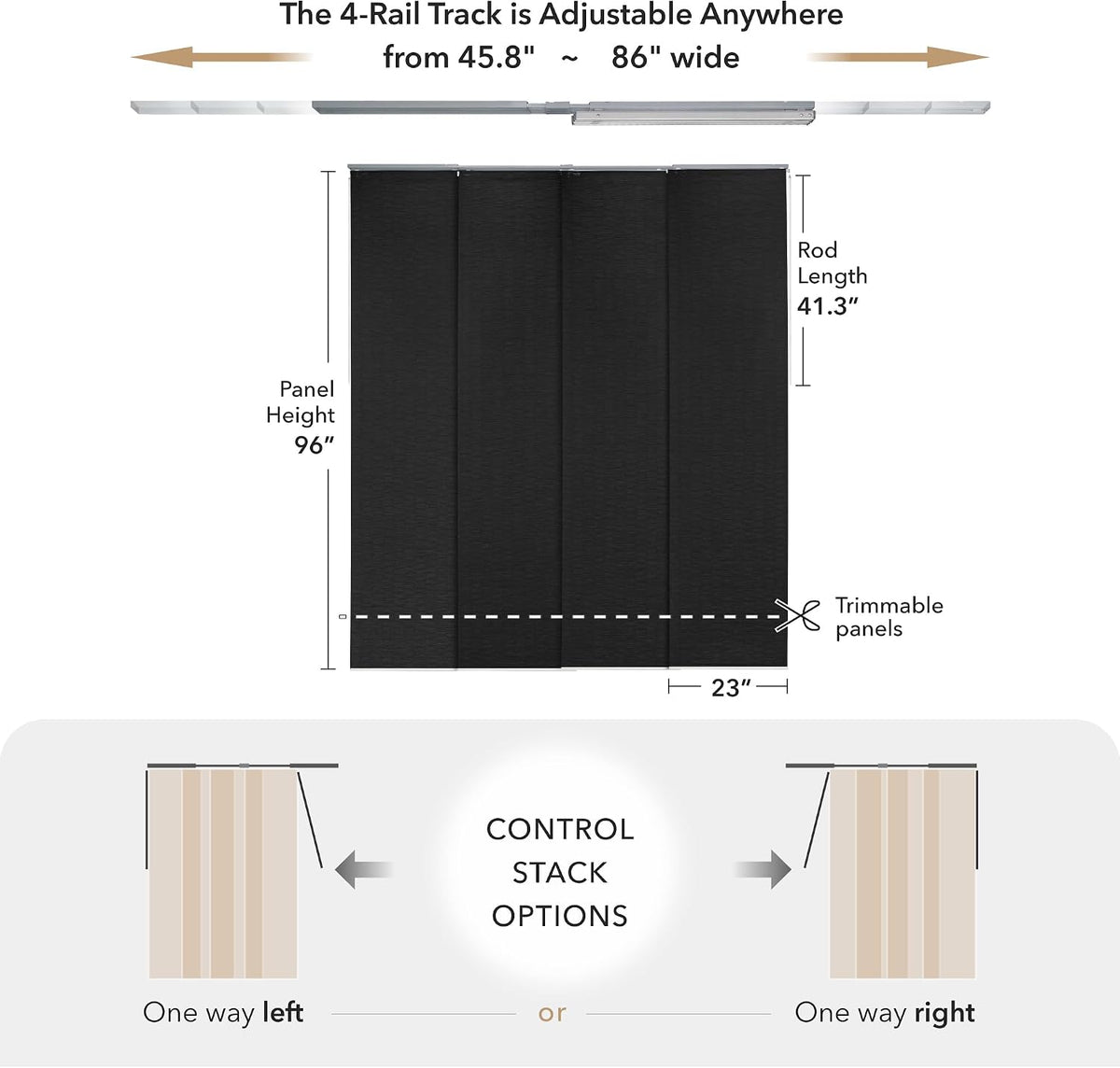 Cordless Panel Blinds Semi-Sheer 45.8"-86" x 96", Tulip Noir | Cordless Semi-Sheer Panel Blinds for Windows, Sliding Glass Doors and Room Dividers with Adjustable Track