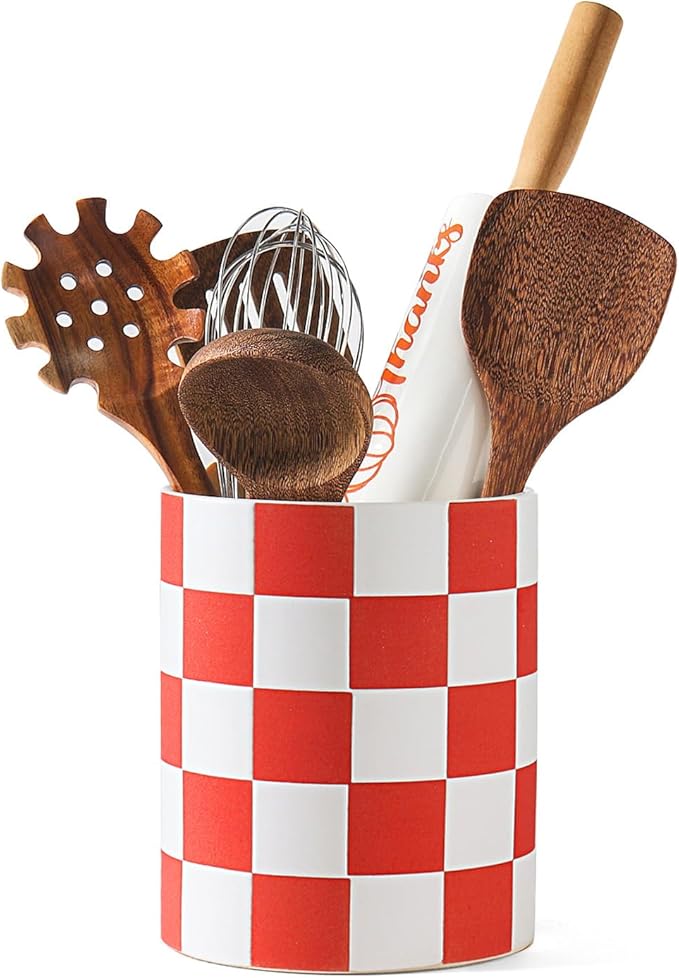 Utensil Holder, 7.2 Inch Checkered Utensil Holder, Ceramic Cooking Utensil