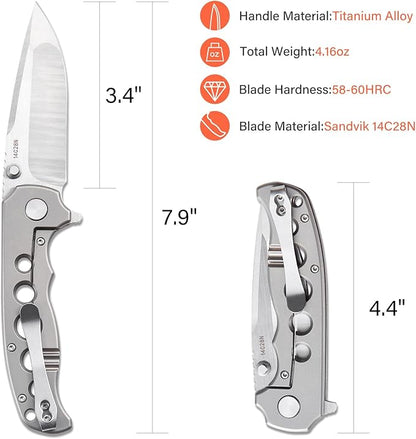 Men's Folding Pocket Knife – 3.4" Sandvik 14C28N Blade CNC Titanium Handle Ceramic Bearings, Liner Lock Deep Pocket Clip – EDC Knife for Outdoor Hiking, Survival Use