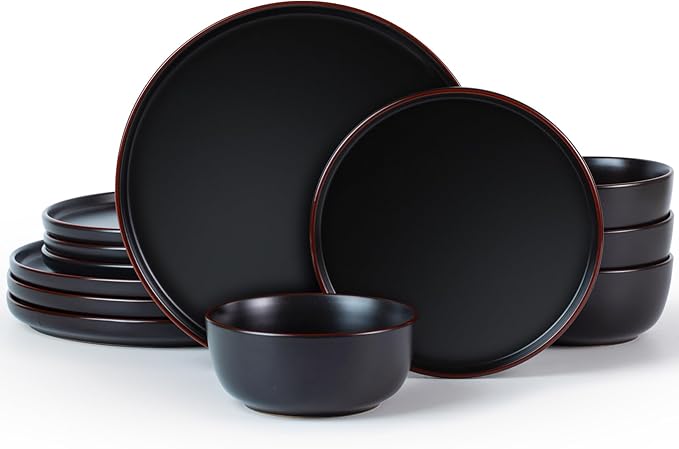 Famiware Mercury Plates and Bowls Sets, 12 Pieces Stoneware Dinnerware Sets, Dishes Set for 4, Microwave and Dishwasher Safe, Black