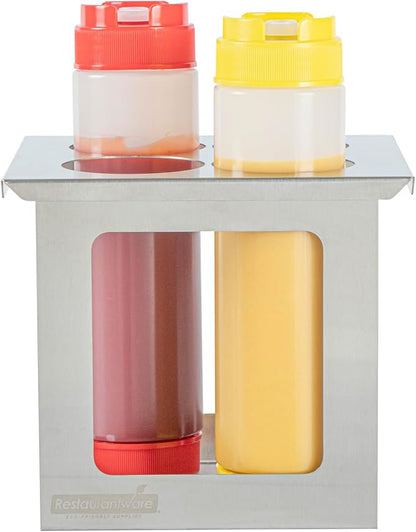 Restaurantware Squeeze Bottle Holder Pack of 1 Stainless Steel 4 Hole Bottle Holder, 2.5" Diameter Fits 1/6 Size Opening, Dishwasher Friendly Integrated Lip Design Holder for Condiment Bottles