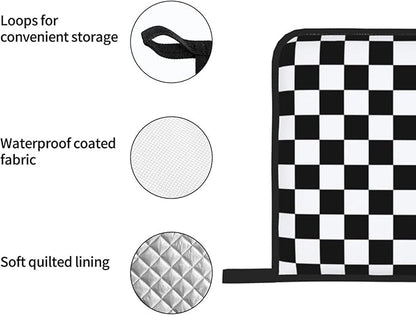Checkered Black and White Plaid Oven Mitts and Pot Holders Set of 4, Heat