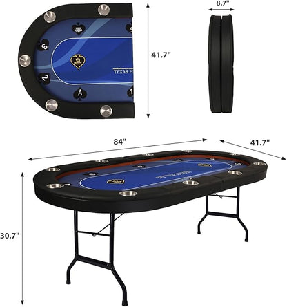 LUCKYERMORE Upgraded 10 Players Poker Table with Stainless Steel Cup Holder, 84”Folding Casino-Style Texas Game Poker Tables with Padded Rails, Blue Felt Surface, Fully Assemble