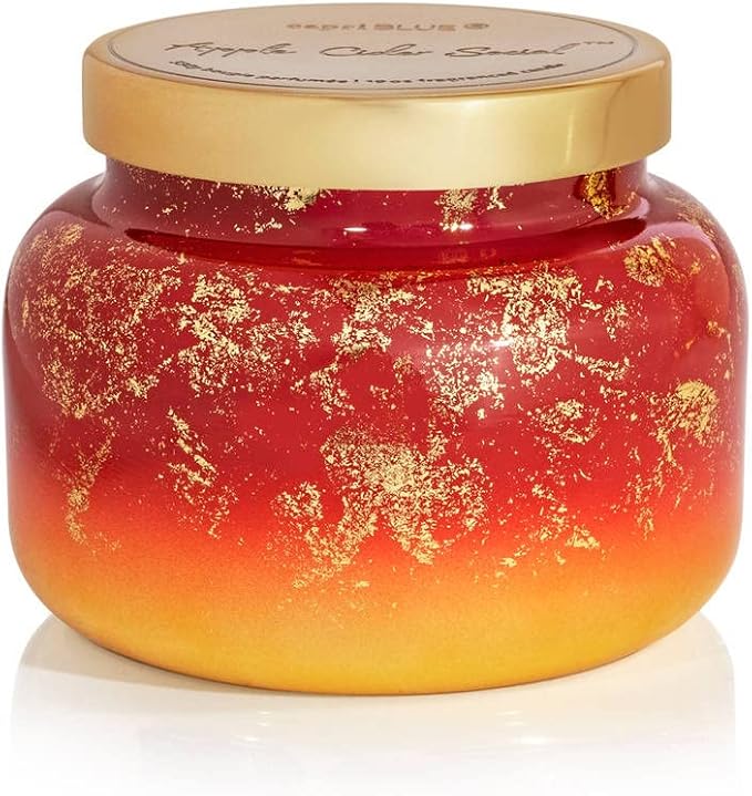 Capri Blue Scented Candles - Glimmer Collection - Ombre Glass Candle Holder - Luxury Apple Candles for Women & Men - Signature Jar in Cranberry Red and Gold (Apple Cider Social, 19 oz)