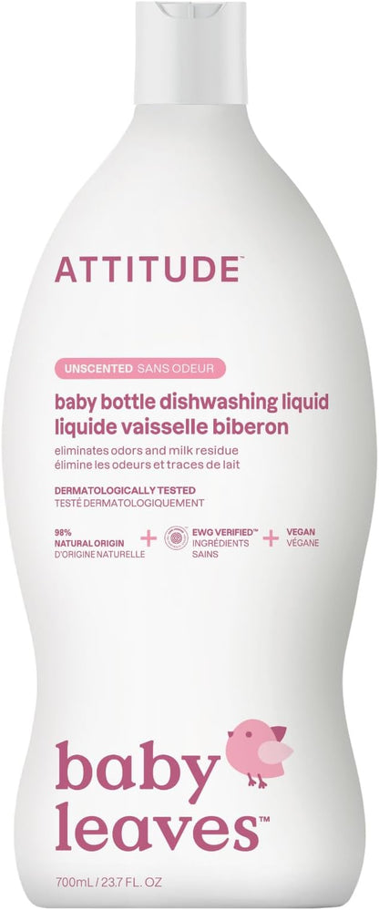 ATTITUDE Baby Bottle & Dish Soap, EWG Verified Bottle Cleaner, Fragrance Free & Dye Free, Removes Milk Residue & Grease, Vegan, Unscented, 23.7 Fl Oz
