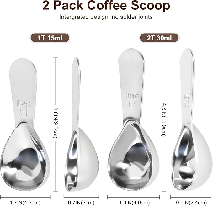 2Pcs Coffee Scoops, Premium 18/8 Stainless Steel Coffee Spoons, Tea and Powder