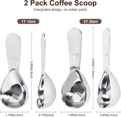 2Pcs Coffee Scoops, Premium 18/8 Stainless Steel Coffee Spoons, Tea and Powder