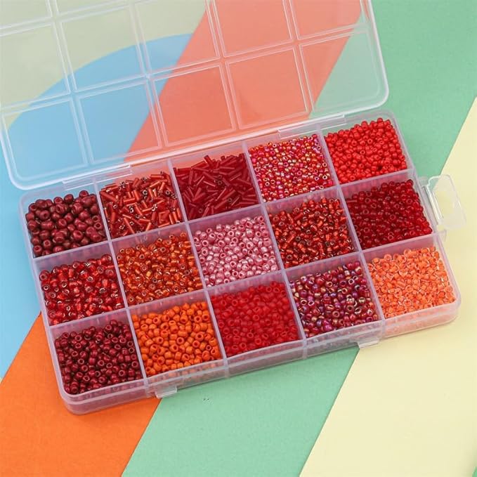 15 Color 4mm Small Assorted Glass Seed Beads,3mm Bugle Beads Friendship Bracelet Kit,2mm Tiny Tube Bead for Jewelry Making(Red)