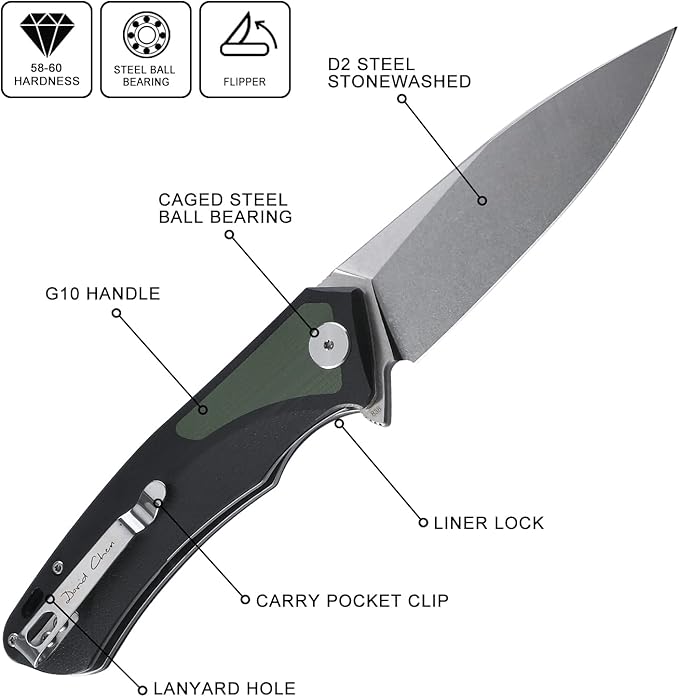 Petrified fish PF838 3.74" D2 steel folding knife outdoor tactical pocket knives G10 handle camping hunting Cutter EDC tool (Green, Stonewash)