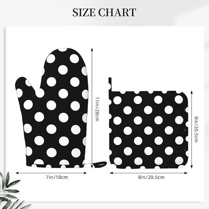 Black White Retro Polka Dot Oven Mitts and Pot Holders Sets of 4, Heat