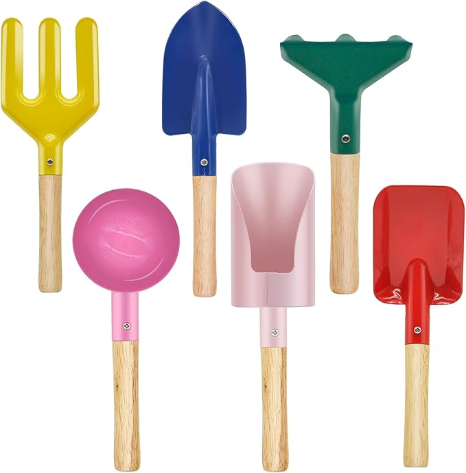 6-Piece Garden Tools Set for Kids,Children Beach Sandbox Toy,Including Cylinder Scoop, Trowel, Spoon, Fork, Rake & Shovel for Kids