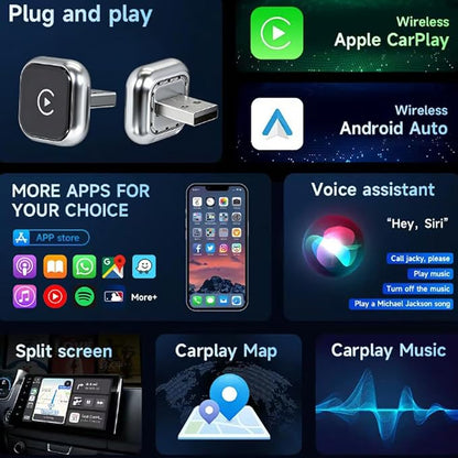 Wireless CarPlay & Android Auto Adapter for Ferrari 488 GTB 2016-2020,Ultra Mini Dongle Converts Easy Setup Plug and Play,Silver