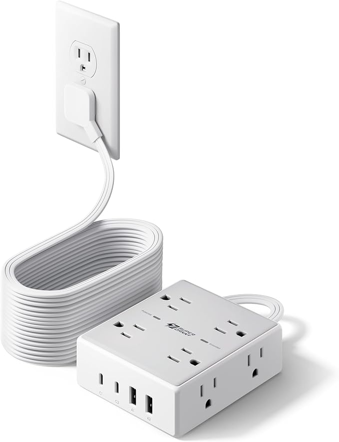 25Ft Long Extension Cord, Flat Plug Power Strip