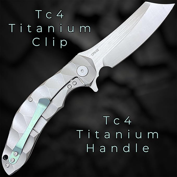 TACTICAL GEARZ Custom Titanium Pocket Folding Knife, Solid Tc4 Titanium Handle, CPM-D2 Steel DAO Blade. (Zeus Beast Bundle)