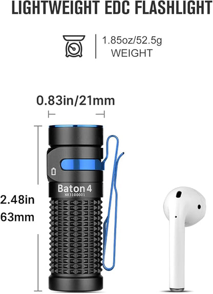 OLIGHT Baton4 Rechargeable EDC Flashlight, Bright LED Flashlight 1300 Lumens with Charging Cable, IPX8 Waterproof, 6 Adjustable Modes Handheld Light for Home, Camping, and Emergencies (Black)
