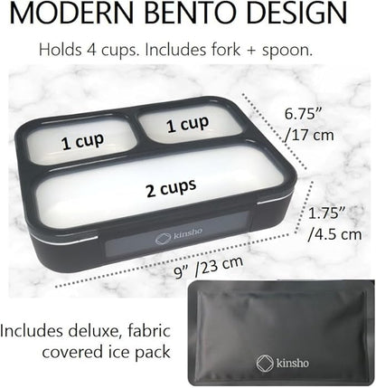 Bento Box with Insulated Lunch Bag and Ice Pack for Kids Container for Adults Snacks and Lunches. 3 Compartments, Leak-Resistant Portion Boxes Japanese Style for School or Work, Black with Red Trim