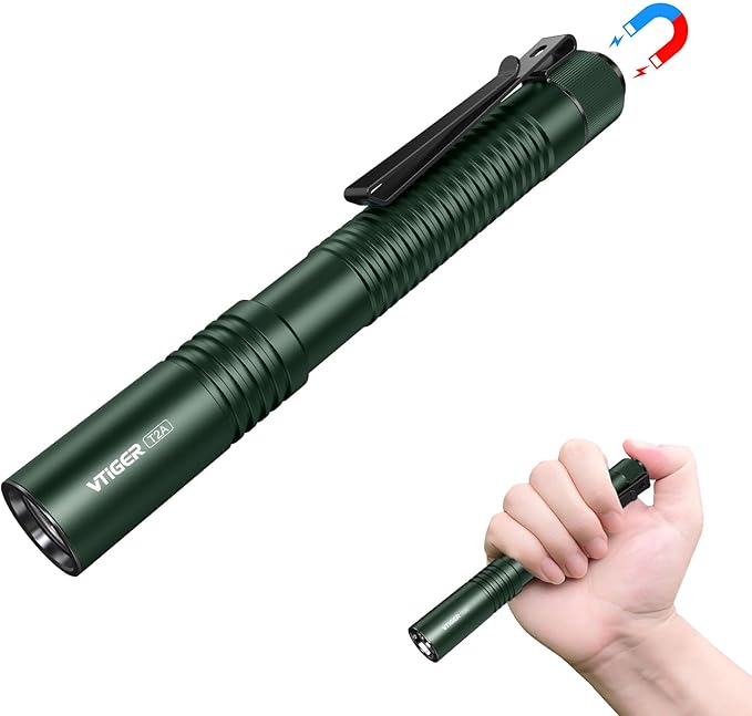 VTIGER T2A Compact EDC Flashlight,1500 High Lumens AA Rechargeable LED Flashlight, Super Bright Small Tactical Tail Switch Pocket Pen Light with Magnet for Camping,Hiking,Outdoor,Home,Emergency
