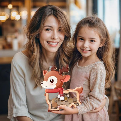 Wooden Reindeer Piggy Bank for Kids, Christmas Deer Money Bank for Boys Girls Toddler, Unbreakable Kids Money Box with Letter Sticker, Large Saving Coin Jar for Xmas Home Holiday Décor