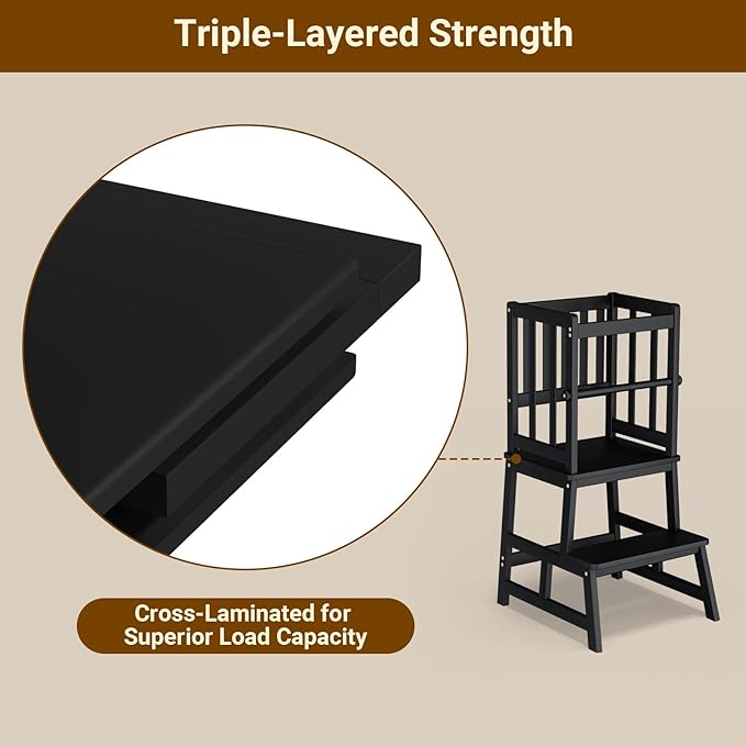 COSYLAND Kitchen Step Stool for Toddlers – Stable A-Frame Design Kids Standing Tower with Protective Crossbar – Wooden Learning Stool for Kitchen Island Counter, Bathroom (Black)