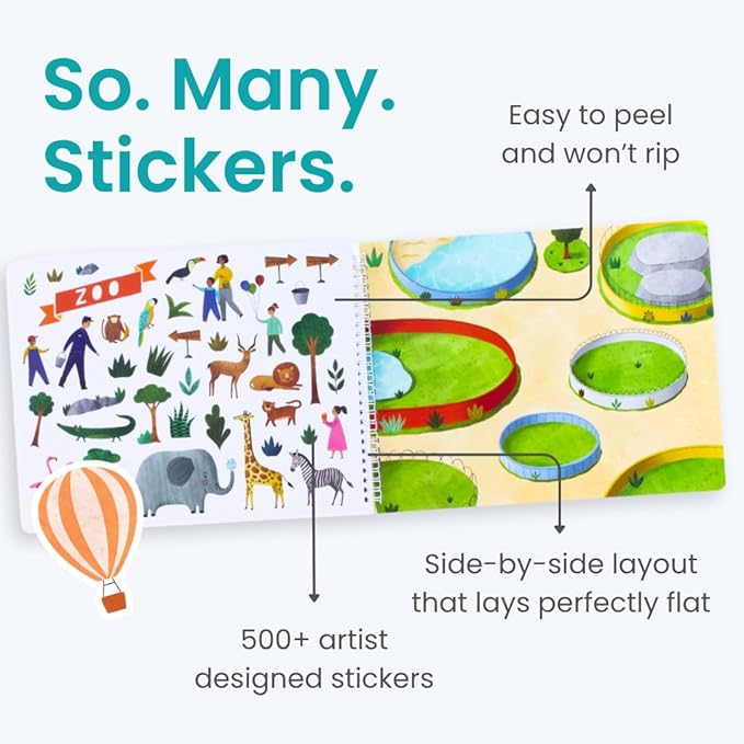 CUPKIN Sticker Book for Kids 2-4, 500+ Kids Stickers, All Around Town 12 Coloring Pages, 12 Side by Side Scenes, Fun Toddler Travel Activity Coloring and Sticker Books for Ages 4-8 + 8-10