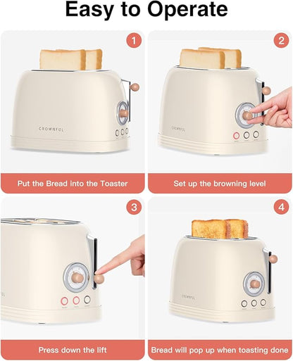 CROWNFUL 2-Slice Toaster, Extra Wide Slots Toaster, Retro Stainless Steel