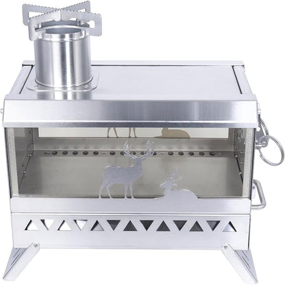 Outdoor Camping Tent Stove Portable Stainless Steel with Chimney Barbecue Net for Outdoor Cooking BBQ Heating & Fishing(Large)