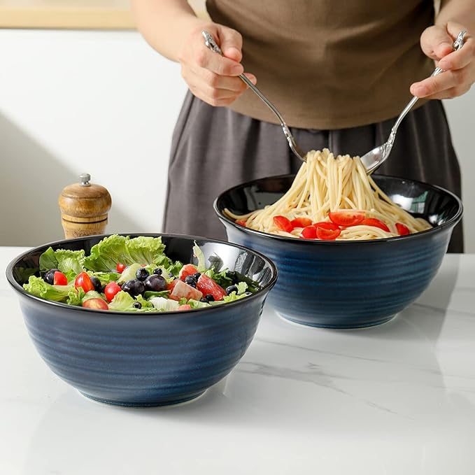 Hasense Ceramic Serving Bowls, 9 Inch Large Salad Bowls for Kitchen, 84 Ounce Mixing Bowl Set of 2, Ideal for Soup Pho Pasta Popcorn, Dishwasher & Microwave Safe(Blue)