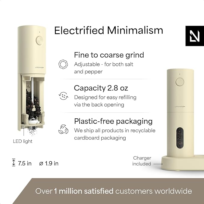 LARS NYSØM Electric Salt and Pepper Grinder Set, USB Rechargeable, Automatic