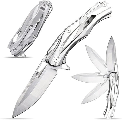 Eafengrow Folding Pocket Knife with D2 Blade Steel Handle Camping Tactical Knife (EF204-silver)