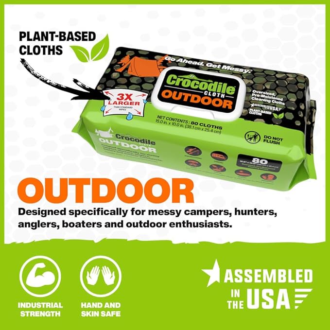 Crocodile Cloth Outdoor Cleaning Wipes ??80 Count Plant-Based Cloths (15"x10"), Skin Safe, Pre-Moistened, Aloe & Vitamin E Infused, Large, Absorbent, Multi-Surface Disposable Wipes