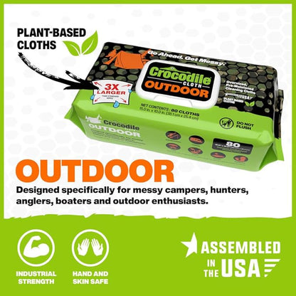 Crocodile Cloth Outdoor Cleaning Wipes ??80 Count Plant-Based Cloths (15"x10"), Skin Safe, Pre-Moistened, Aloe & Vitamin E Infused, Large, Absorbent, Multi-Surface Disposable Wipes