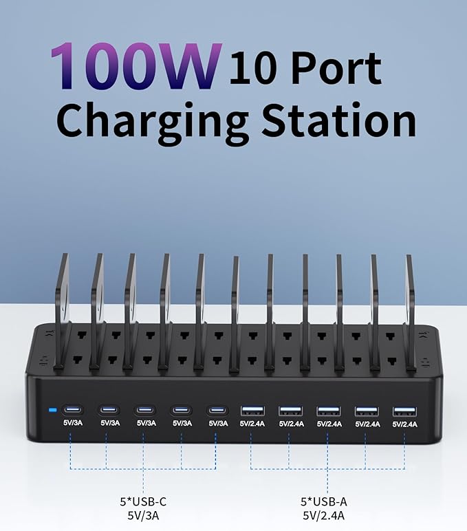 100W Charging Station for Multiple Devices, 10-Port USB Fast Charging Station