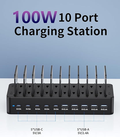 100W Charging Station for Multiple Devices, 10-Port USB Fast Charging Station