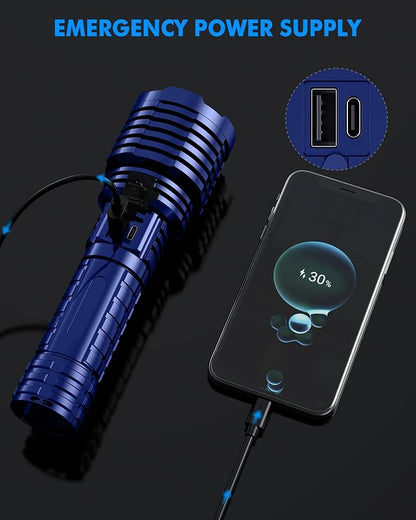 Super Bright Rechargeable LED Flashlights, 5000.000 True High Lumens, Powerful Tactical Flashlight Up to 25H Long Battery Life |Zoomable|5Light Modes|IP67 Water Resistant for Camping (Blue)