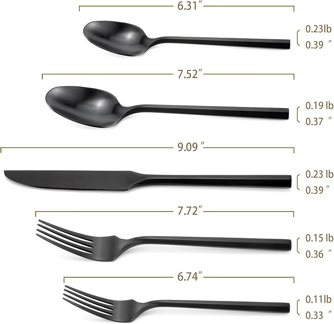 DEACORY Silverware Set Flatware Set Matte Black Cutlery Set Brushed Finished Hexagon Handle Heavy Stainless Steel 60 Pieces Dishwasher Safe Service for 12