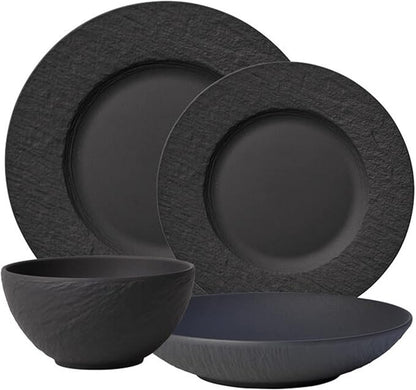 Villeroy & Boch Manufacture Rock 4-Piece Place Setting, Dinner Plate, Salad Plate, Rice Bowl, Pasta Bowl, Premium Porcelain, Made in Germany, Matte Black