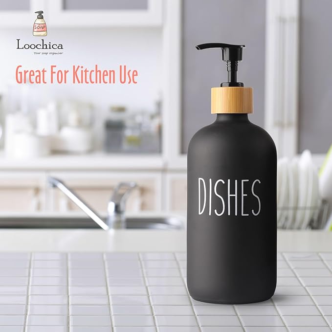 LOOCHICA Black Glass Kitchen Soap Dispenser, Detergent Dispenser or Dish Soap