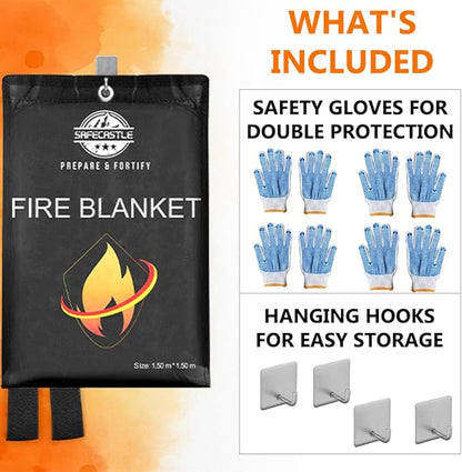 SAFECASTLE Emergency Fire Blanket 59"x59" Large Size, 4 Pack + 4 Hooks & 4 Gloves Fire Retardant Blanket with Fireproof Tabs for Home, Outdoor, Office, Car and Camping Fire Protection Survival Safety