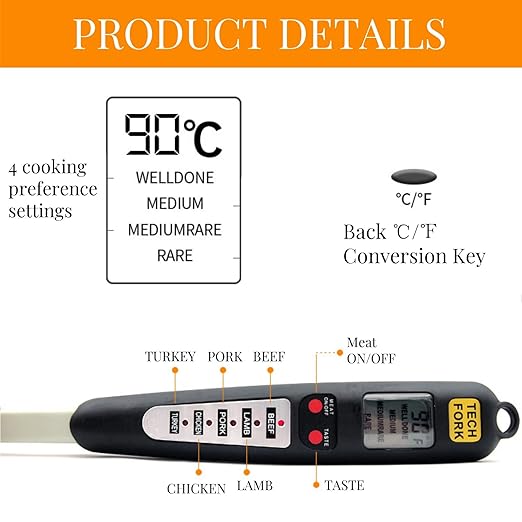 Digital Meat Thermometer Fork, Fast Read Grill Thermometer with LED Display and Stainless Steel Probes for Steak Chicken Pork Turkey Hot Grilled Food for Men Him Dad