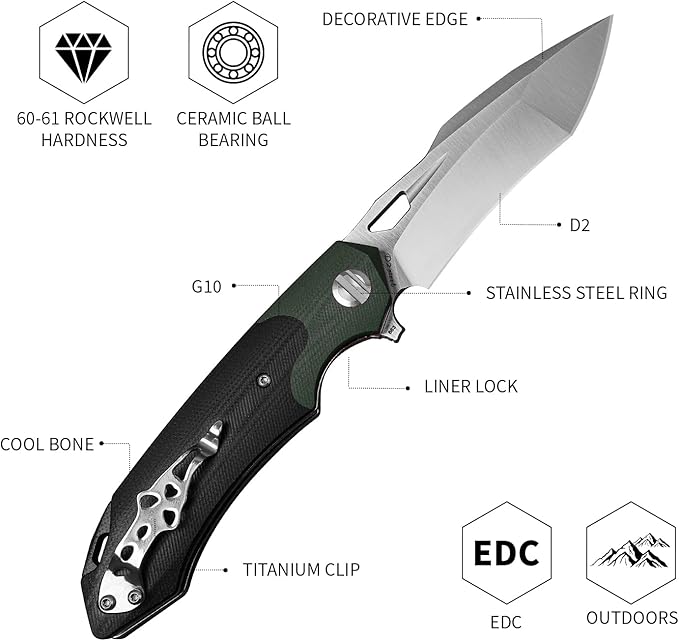 D2 Steel G10 Handle Folding Knife, Suitable for Outdoor Tactical Knife EDC, Survival, Climbing, Portable, Black