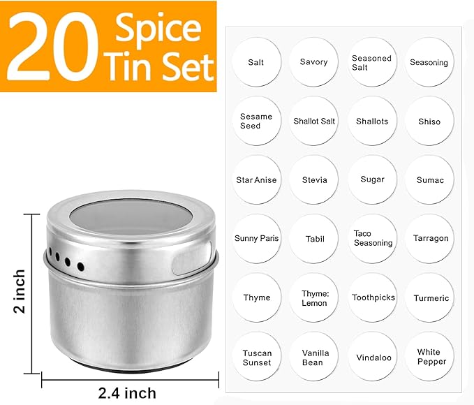 Bekith 20 Pack Magnetic Spice Jars, Magnetic Spice Containers