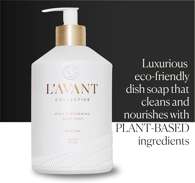 L'AVANT Collective Natural Dish Soap, Plant-Based, Fresh Linen, 16 Fl Oz | Plant-based formula, grease-cutting power, refillable glass pump bottle, kid and pet safe, cruelty-free, Fresh Linen scent