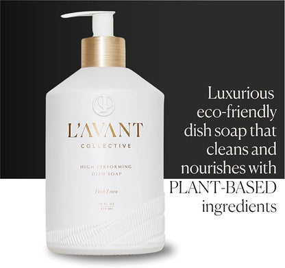 L'AVANT Collective Natural Dish Soap, Plant-Based, Fresh Linen, 16 Fl Oz | Plant-based formula, grease-cutting power, refillable glass pump bottle, kid and pet safe, cruelty-free, Fresh Linen scent